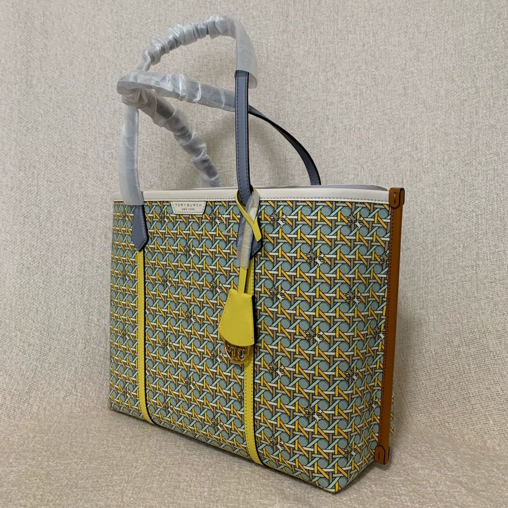 Tory Burch Perry Triple Compartment Northern Blue Basket Weave Large Tote Bag - Picture 8 of 15